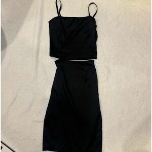 D&G Black Satin Square Neck Spaghetti Strap Crop Top Midi Skirt Set Italy